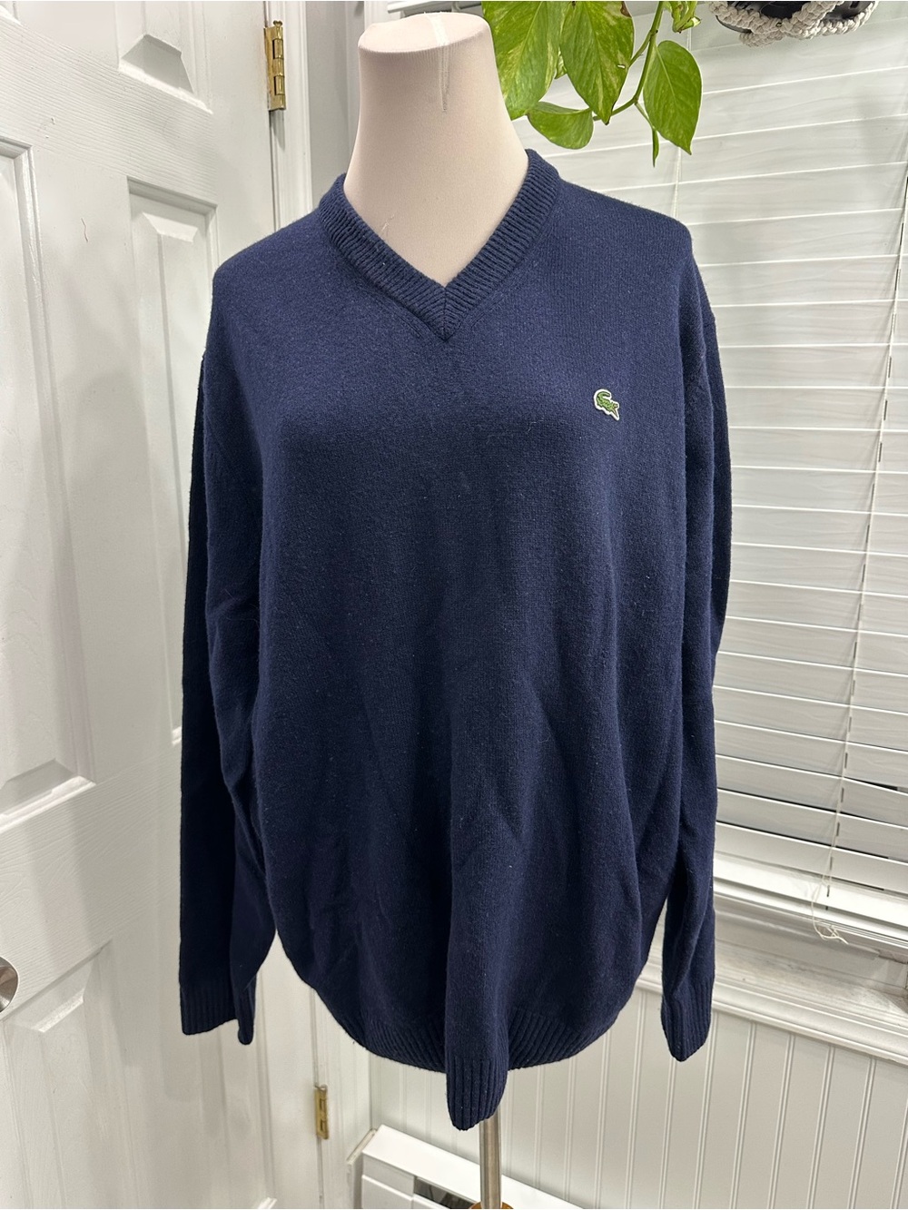 Vintage Lacoste Men's Dark Navy V-Neck Sweater with Croc Logo